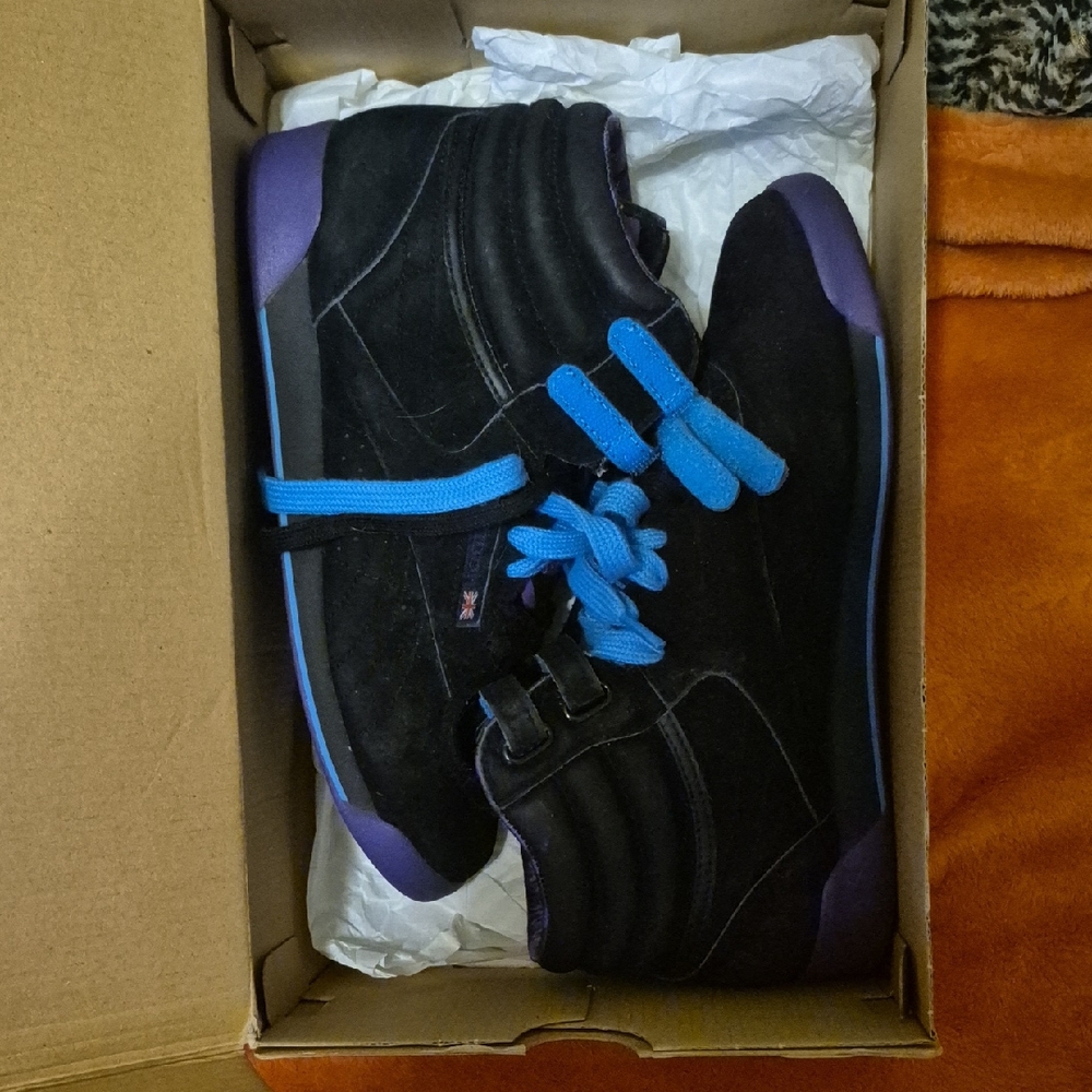 NWT Reebok Black Suede High-Top Freestyle with Purple Panels and Blue Laces